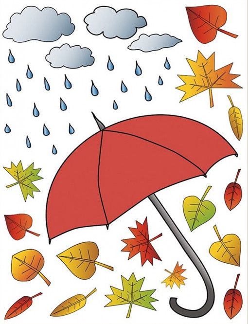 Sticker geam cu motive de toamna - umbrela, nori si frunze, 35 x 50 cm