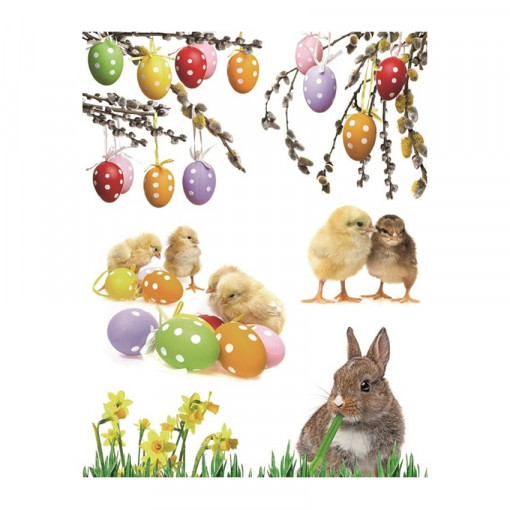 Sticker geam cu motive pentru Pasti, 30 x 42 cm - puisori cu oua si iepuras