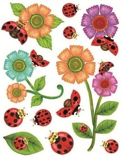 Sticker pentru geam, flori si buburuze, 30 x 38 cm