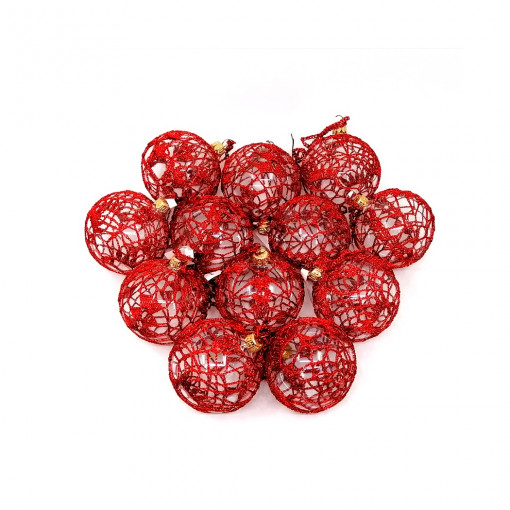 Set 12 globuri de sticla 7 cm, crosetate manual cu fir rosu