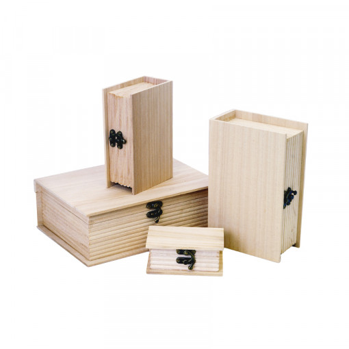 Set 4 cutii din lemn in forma de carte, 23 x 17 x 8.5 cm
