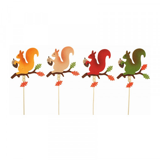 Set 4 veverite din fetru, pe bat lemn, 11 cm