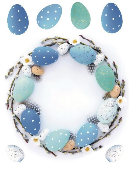 Sticker geam cu motive de pasti - coronita cu oua albastre, 30 x 33 cm