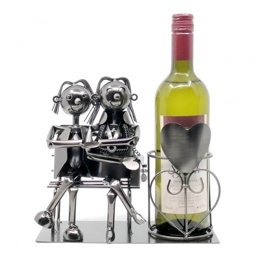Suport exclusivist din metal pentru butelie vin - Cuplu pe banca, 22 cm
