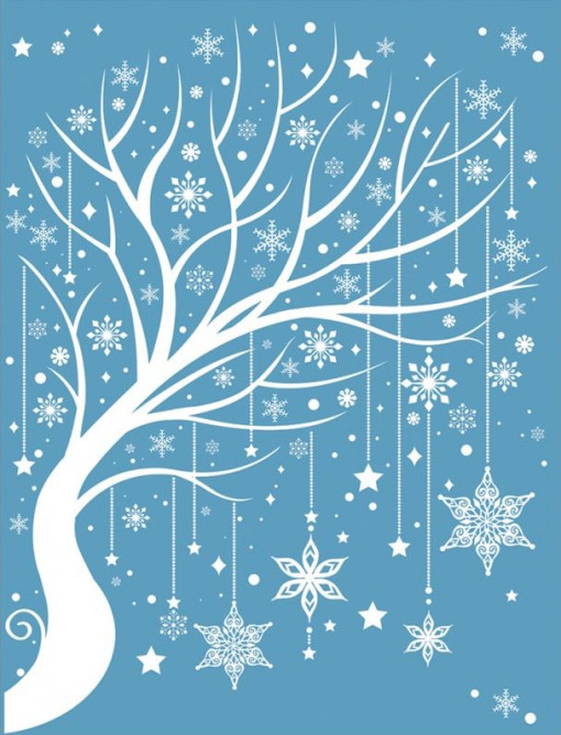 Autocolant static de iarna (folie) pentru geam - copac inzapezit impodobit cu fulgi, 50 x 35 cm