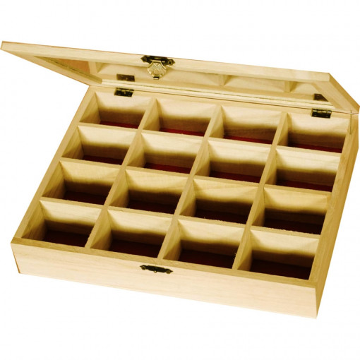 Cutie din lemn pentru margele 16 compartimente capac sticla, 27 x 21 x 5 cm
