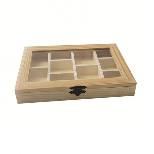 Cutiuta din lemn cu 10 compartimente - capac sticla, 20.5 x 15 x 3 cm