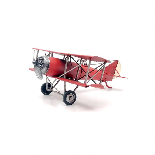 Macheta decorativa retro, metal - avion rosu cu aripa dubla, 21 x 21 x 9 cm