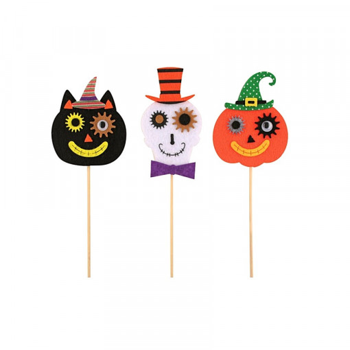 Set 3 figurine din fetru pentru Halloween - pisica, fantoma, dovleac, 9 cm + bat lemn