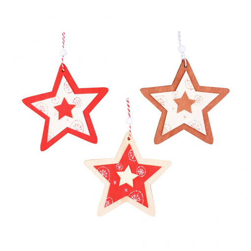 Set 3 stelute din lemn cu snur pentru agatat, 11 cm