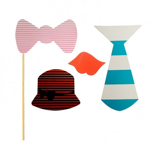 Set 4 accesorii (propsuri) pentru poze Photo Booth - papion, buze, cravata, palarie
