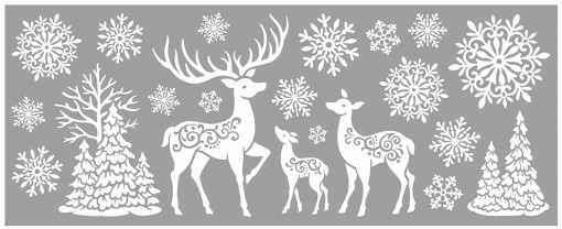 Sticker de iarna cu reni si fulgi de zapada cu sclipici, 20 x 56 cm