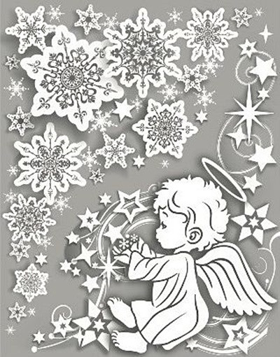 Sticker geam cu motive de iarna - ingeras cu fulgi si stele, 38 x 30 cm