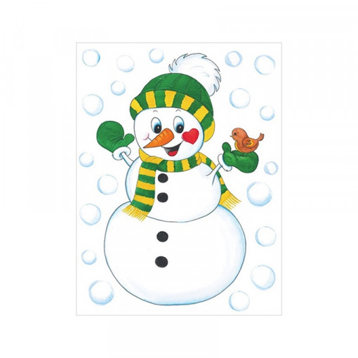 Sticker geam cu motive de iarna - om de zapada cu caciula verde, 35 x 50 cm