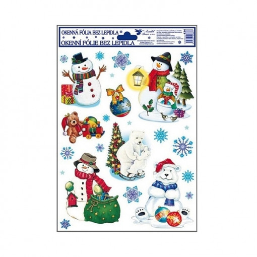 Sticker geam pentru iarna - omul de zapada, ursuletii si cadouri de craciun, 30 x 42 cm