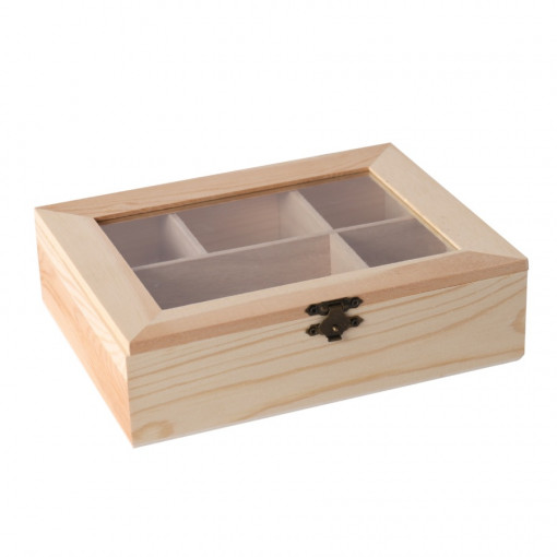 Cutie din lemn natur cu 5 compartimente si capac sticla, 20.5 x 16 x 5.5 cm