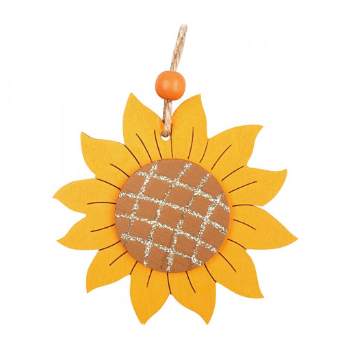 Decoratiune floarea soarelui din lemn cu sclipici, 9.5 cm