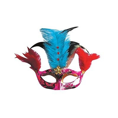 Masca carnaval - magenta cu pene albastre si rosii, 22 x 30 cm