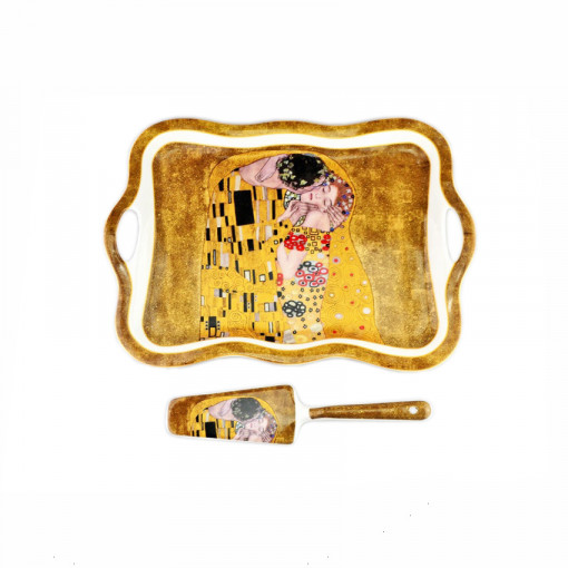 Platou dreptunghiular ceramic pentru fursecuri cu lingura de servire - GUSTAV KLIMT "Sarutul", in cutie cadou decor