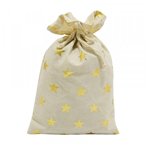 Saculet pentru cadouri din material textil - stelute aurii, 20 x 32 cm