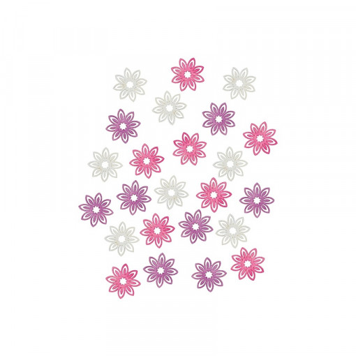 Set 24 flori din lemn decupat si vopsit - alb-roz-mov, 2 cm