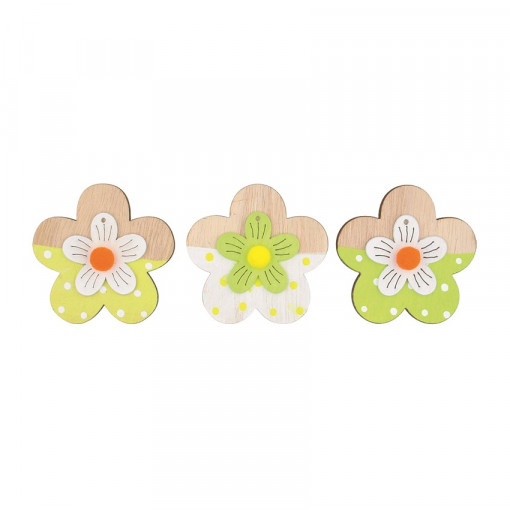 Set 3 flori din lemn cu clestisor, in nuante galbene, 6.5 cm