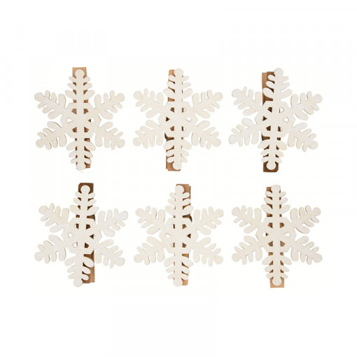 Set 6 fulgi de zapada albe din lemn pe clestisor lemn, 6 cm