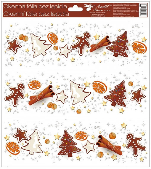 Sticker de iarna pentru geam - sirag cu turta dulce, portocala, scortisoara, 30 x 33.5 cm