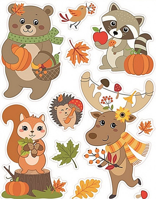 Sticker geam cu animalute imbracate de toamna, 42 x 30 cm