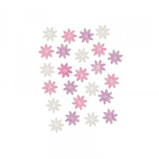 Set 24 flori din lemn vopsit - alb-roz-mov, 2 cm