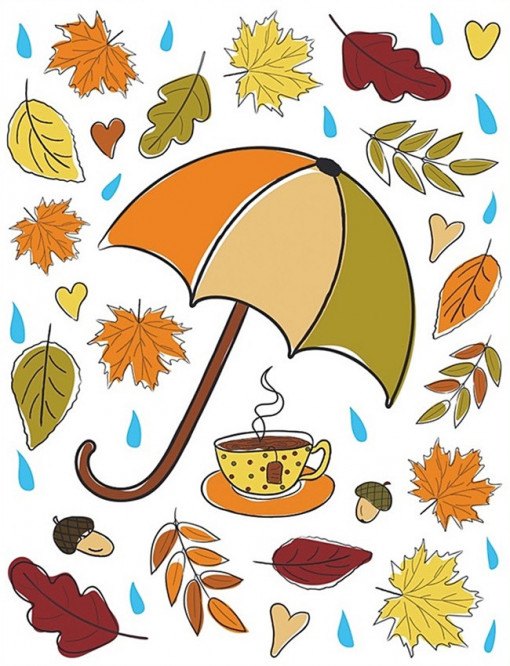 Sticker geam cu motive de toamna - umbrela cu frunze si ceasca de ceai, 35 x 50 cm