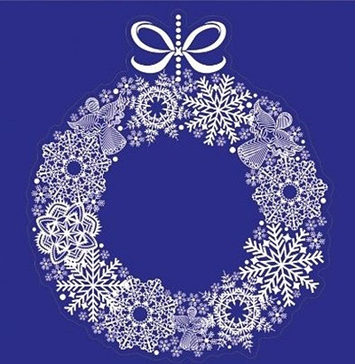 Sticker pentru geam cu motive de iarna - coroana din fulgi si ingerasi, 30 x 30 cm