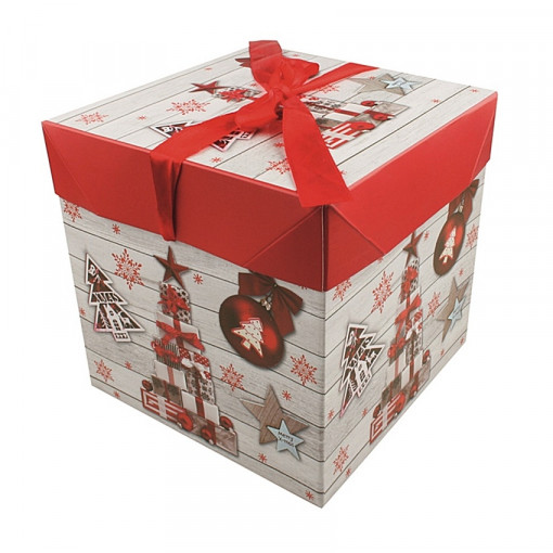 Cutie pliabila din carton pentru Craciun - desen cu cadouri, 16.5 x 16.5 x 16.5 cm
