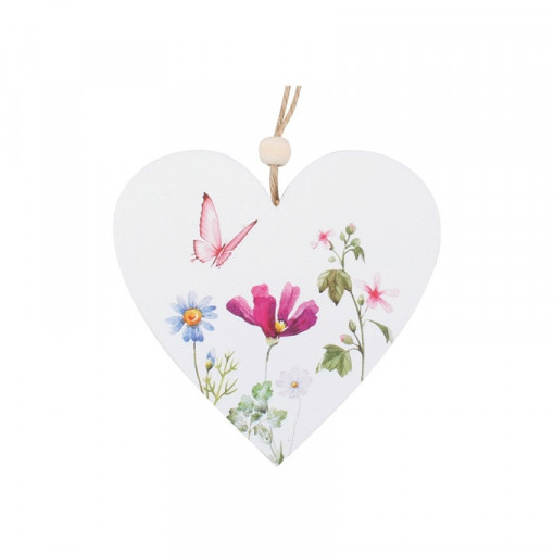 Inima din lemn cu desen floral, pentru agatat, 10 cm