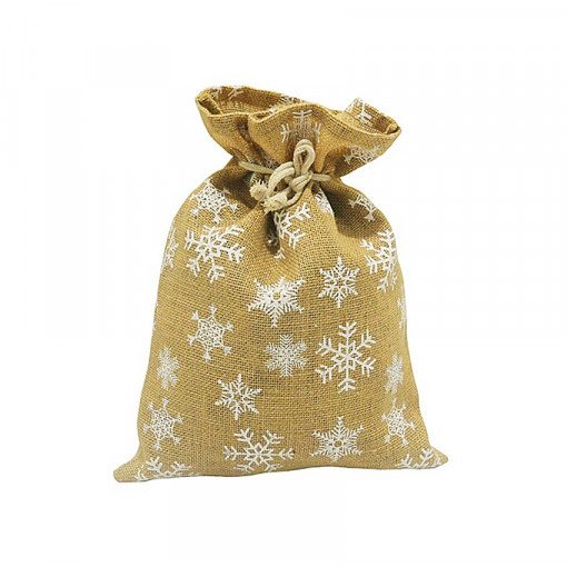 Saculet pentru cadouri din material iuta - fulgi albi, 27 x 36 cm