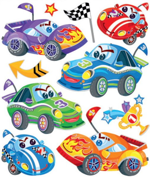 Set 10 stickere perete masini de curse, 33 x 29 cm