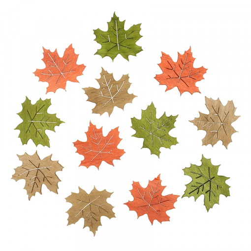 Set 12 frunze colorate din lemn, 4 cm