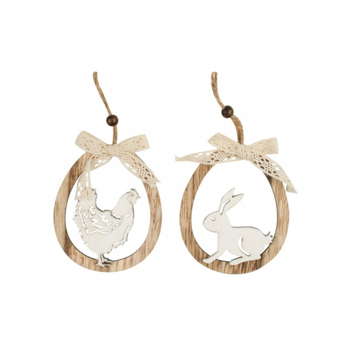 Set 2 oua din lemn, decorate cu dantela si figurine lemn gravate, 11 cm