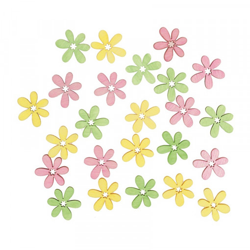 Set 24 flori din lemn vopsit - galben-verde-roz, 2 cm