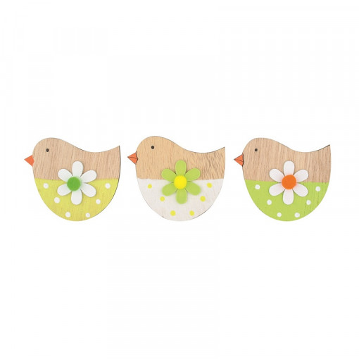 Set 3 pasari din lemn cu clestisor in nuante galben-verde, 6.5 cm