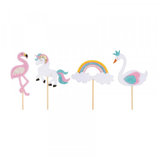 Set 4 decoratiuni din fetru pe bat: flamingo, unicorn, curcubeu, lebada, 8 cm