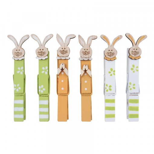 Set 6 iepurasi din lemn, pe clestisori din lemn - fundal alb-portocaliu-verde, 8.5 cm
