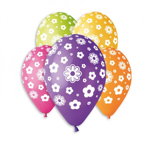 Baloane colorate Gemar - 30 cm, culori mixte, cu model flori, set 100 buc.