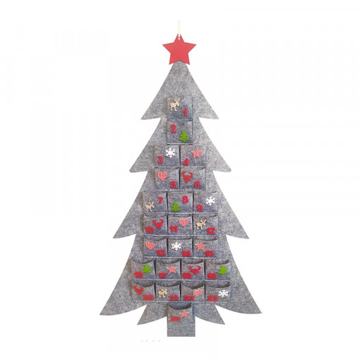 Calendar Advent in forma de brad, din fetru - gri, 50 x 93 cm