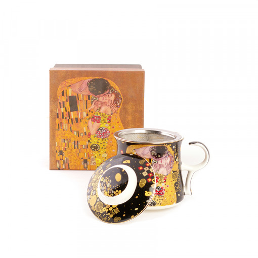 Cana ceramica pentru ceai cu infuzor si capac, in cutie cadou decor - GUSTAV KLIMT "Sarutul" fundal negru, 370 ml