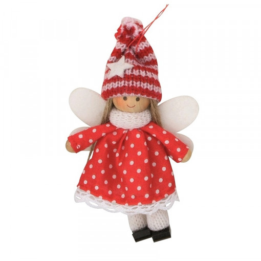 Papusa ingeras cu rochie - rosie cu buline, crosetata, cu snur pentru agatat, 13 cm