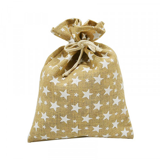 Saculet pentru cadouri din material iuta - stelute albe, 27 x 36 cm