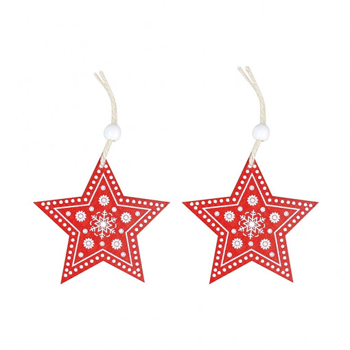 Set 2 stelute din lemn cu snur pentru agatat - rosu, 8 cm