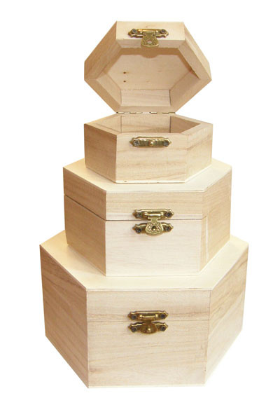 Set 3 cutii din lemn hexagonale, 16 x 16 x 8 cm