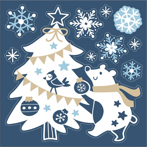 Sticker de iarna cu sclipici - brad de craciun cu urs polar, 18 x 23 cm